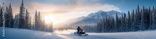 Adventurous Snowmobiler Navigating Through Snowy Forest with Majestic Mountain Backdrop at Sunset, Energizing and Thrilling Scene