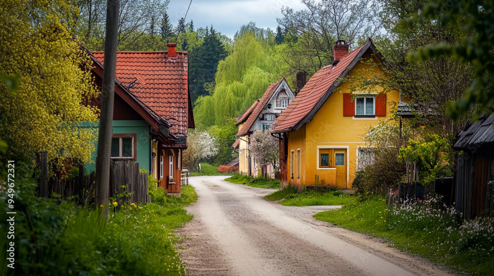 Charming countryside road lined with quaint colorful houses in early springtime under a cloudy sky Charming countryside road lined with quaint colorful houses in early springtime under a cloudy sky