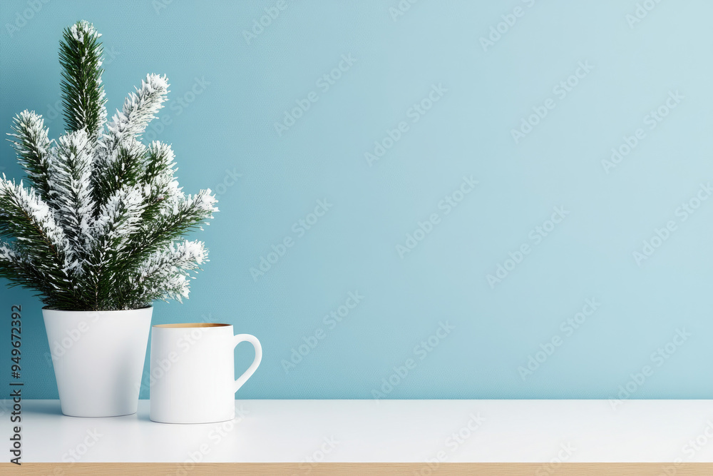 Cozy Winter Decor, a small frosted evergreen in a white pot paired with a simple white mug against a soothing blue backdrop evokes a tranquil winter ambiance. Cozy Winter Decor, a small frosted evergreen in a white pot paired with a simple white mug against a soothing blue backdrop evokes a tranquil winter ambiance.