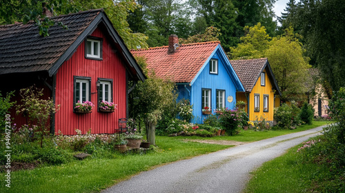 Charming colorful cottages line a tranquil path surrounded by lush greenery on a sunny day in the countryside