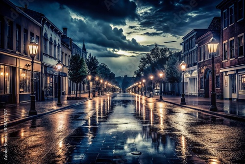 moody monochrome rainy evening main street deserted storefronts dim streetlights retro reflective puddles melancholy mood nostalgic forgotten towns photo