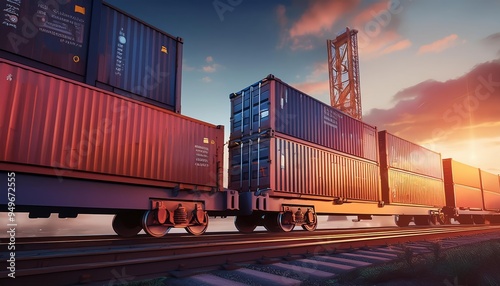 Freight train carrying cargo containers rolls along railroad tracks at sunset