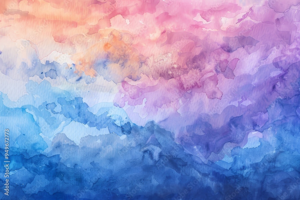Artwork depicting swirling blue, pink, and purple clouds in a vibrant sky, The changing colors of the sky from blue to pink to purple, blending seamlessly in a watercolor wash