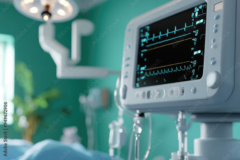 Vital signs monitor in a modern surgical room displays health metrics, bright teal walls provide a calming backdrop, essential equipment ready for patient care. Vital signs monitor in a modern surgical room displays health metrics, bright teal walls provide a calming backdrop, essential equipment ready for patient care.
