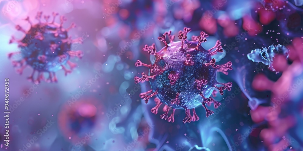 Microscopic View of a Virus with Pink Spikes and Blue Background Microscopic View of a Virus with Pink Spikes and Blue Background