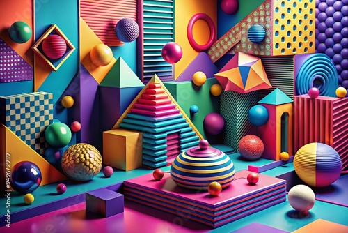 Bold, graphic 3D pop art-inspired composition with vibrant colors, geometric shapes, and dramatic lighting, capturing a feeling of energy and playfulness. photo