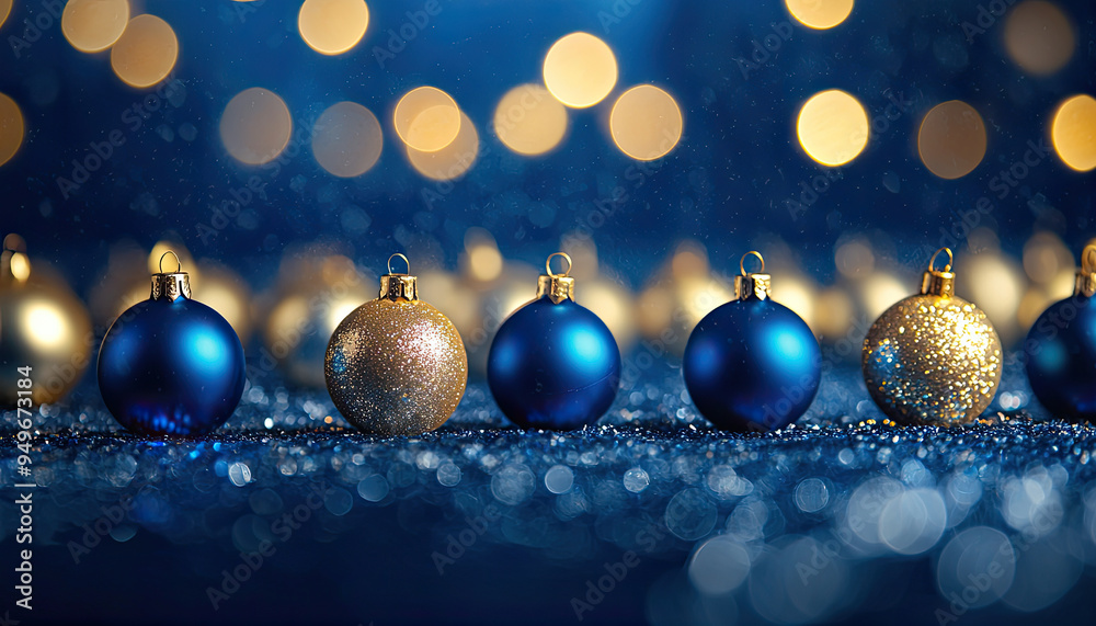 row of blue and gold Christmas ornaments on a glittery blue background with twinkling lights row of blue and gold Christmas ornaments on a glittery blue background with twinkling lights