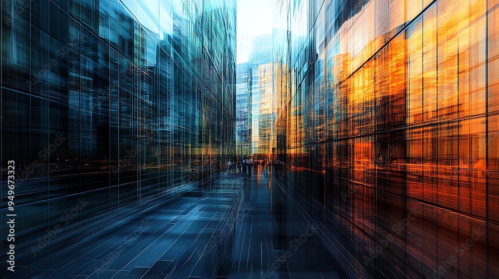 A view down a narrow alley between tall glass buildings, with the sun reflecting off the windows. A view down a narrow alley between tall glass buildings, with the sun reflecting off the windows.