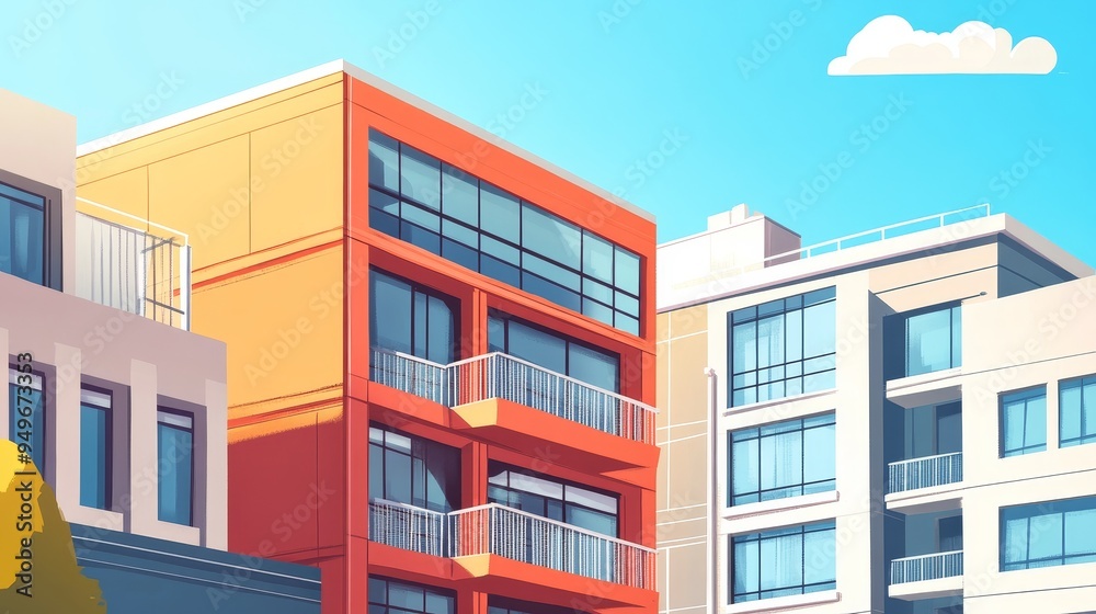 An illustration showcasing modern buildings with vibrant facades against a backdrop of a clear blue sky, symbolizing urban living, architectural design, and modern city life.