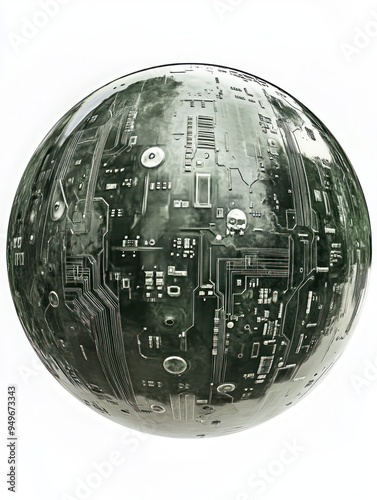 A spherical object featuring intricate circuit patterns, suggesting a technological theme.