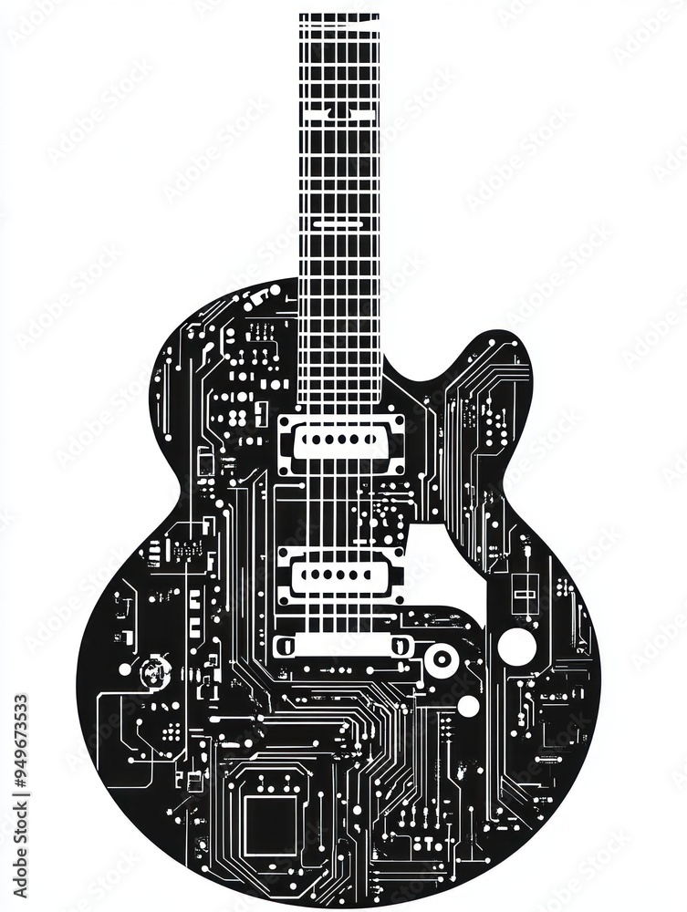 Naklejka premium A guitar design featuring a circuit board pattern, blending music and technology.