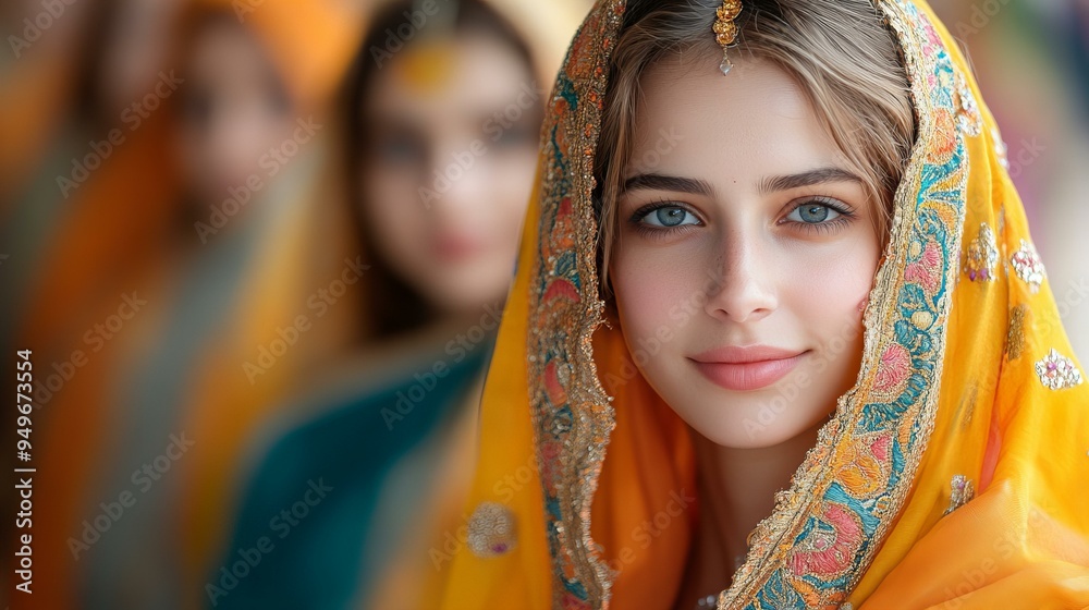 Woman in festive Dussehra celebrations dressed in traditional clothes and sharing rituals blurred background