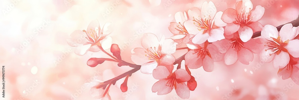 Delicate watercolor illustration of a cherry blossom branch with soft pink petals, symbolizing spring, new beginnings, beauty, nature, and fragility.