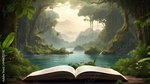 The jungle can be seen through the book. Concept of the environment