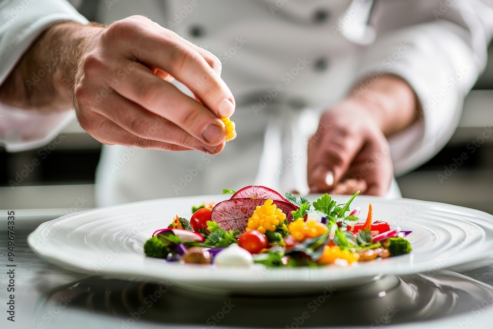 Chef Prepares Colorful Salad on White Plate, The chef arranges colorful ingredients in an aesthetically pleasing display on the plate Chef Prepares Colorful Salad on White Plate, The chef arranges colorful ingredients in an aesthetically pleasing display on the plate