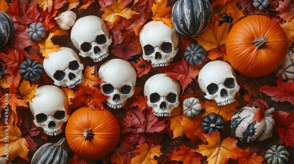 This image features a vibrant Halloween backdrop with skulls, pumpkins, and autumn leaves. It symbolizes a spooky, festive, and seasonal theme. This image features a vibrant Halloween backdrop with skulls, pumpkins, and autumn leaves. It symbolizes a spooky, festive, and seasonal theme.