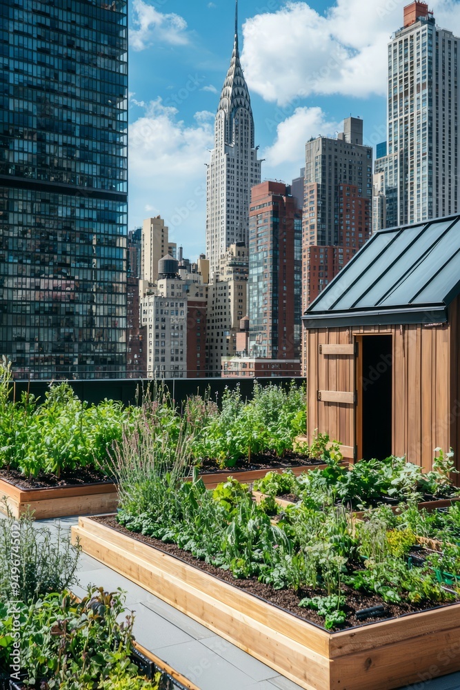 Urban rooftop garden with a small water feature and thriving plants. Skyscrapers visible in the background, Generative AI Urban rooftop garden with a small water feature and thriving plants. Skyscrapers visible in the background, Generative AI