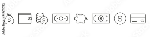 Money icon. Finance sign. Money vector set. Coin sign. Banknote symbol. Piggy bank icon. Wallet symbol. Card isolated sign.