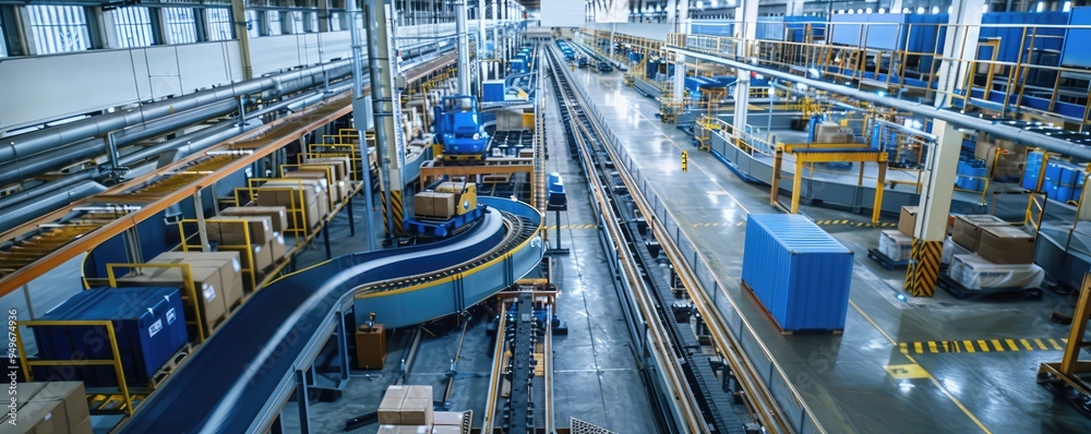 Fototapeta premium High-tech warehouse with automated conveyor systems.