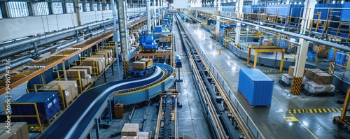 High-tech warehouse with automated conveyor systems.
