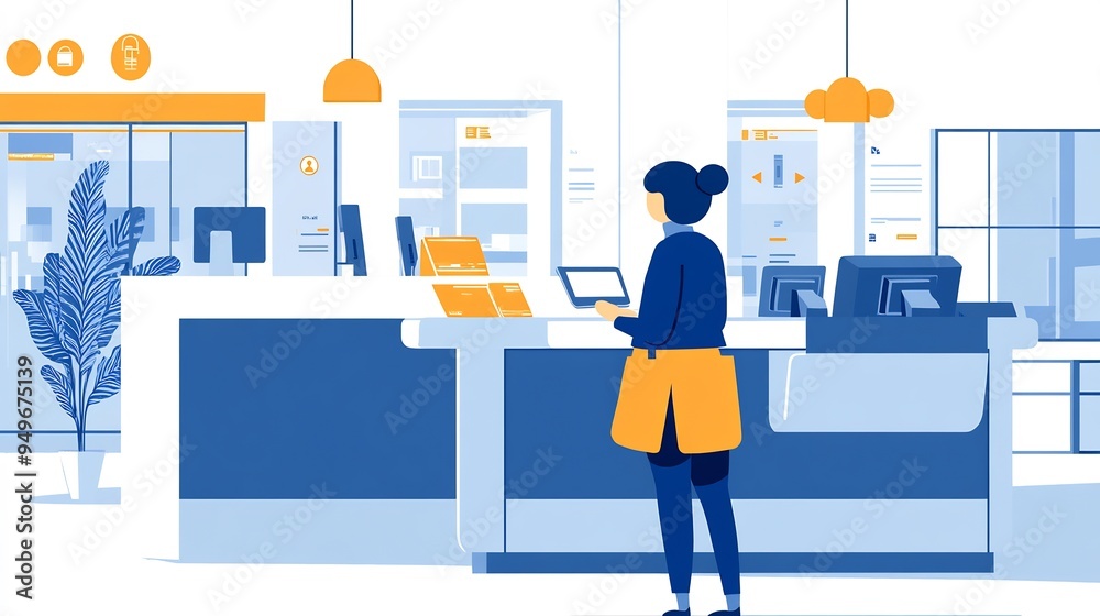 Illustration of a banks customer service with a representative helping clients through digital and inperson channels Illustration of a banks customer service with a representative helping clients through digital and inperson channels