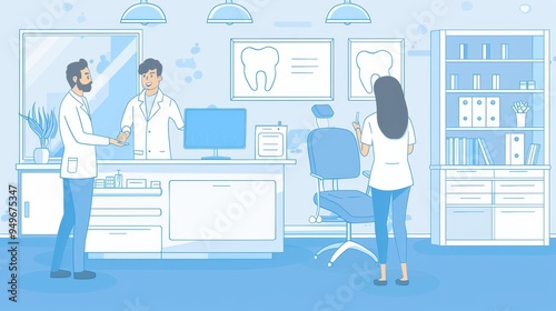 Two dentists discuss patient care while a patient waits for their appointment, showcasing a welcoming dental clinic environment.  The image represents professionalism, care, and a positive dental expe photo