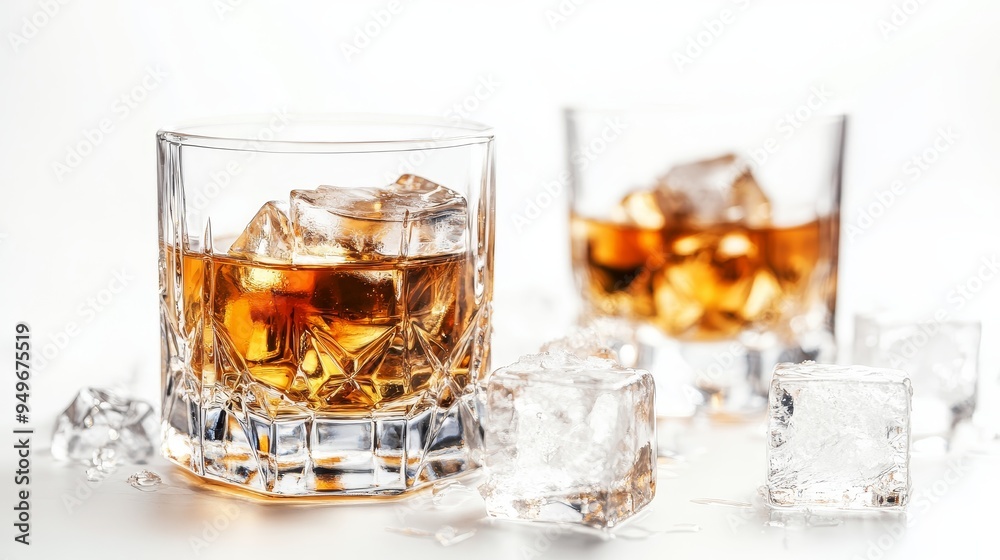 Two glasses of whiskey with ice on a white background. The glasses are filled with amber liquid and ice cubes. The glasses are on a white surface and surrounded by ice cubes. Two glasses of whiskey with ice on a white background. The glasses are filled with amber liquid and ice cubes. The glasses are on a white surface and surrounded by ice cubes.