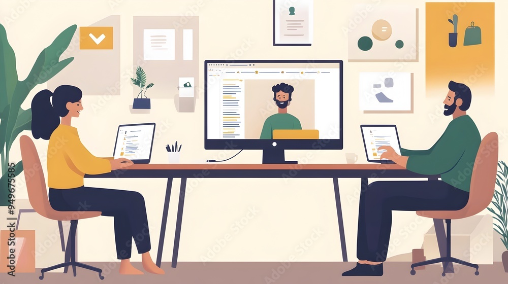 Virtual Team Collaborating on Website Development via Video Call in Modern Remote Workspace Virtual Team Collaborating on Website Development via Video Call in Modern Remote Workspace