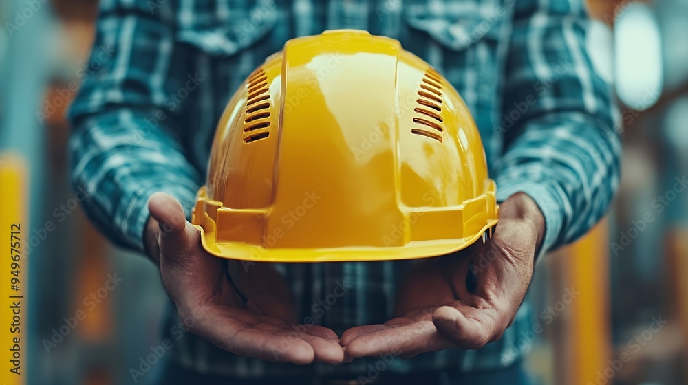 © Generative AI - Helmet is in hands of builder Hardhat for head protection Man builder smiles as he holds out his helmet Construction crew worker Hardhat to avoid accident Builder suggests wearing helm : Generative AI