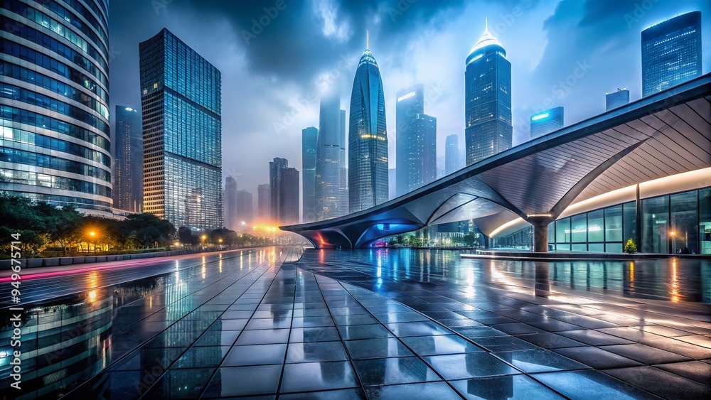 Obraz premium Futuristic cityscape at dusk with sleek silver roofing lines and neon lights mirrored in wet pavement and foggy atmosphere.