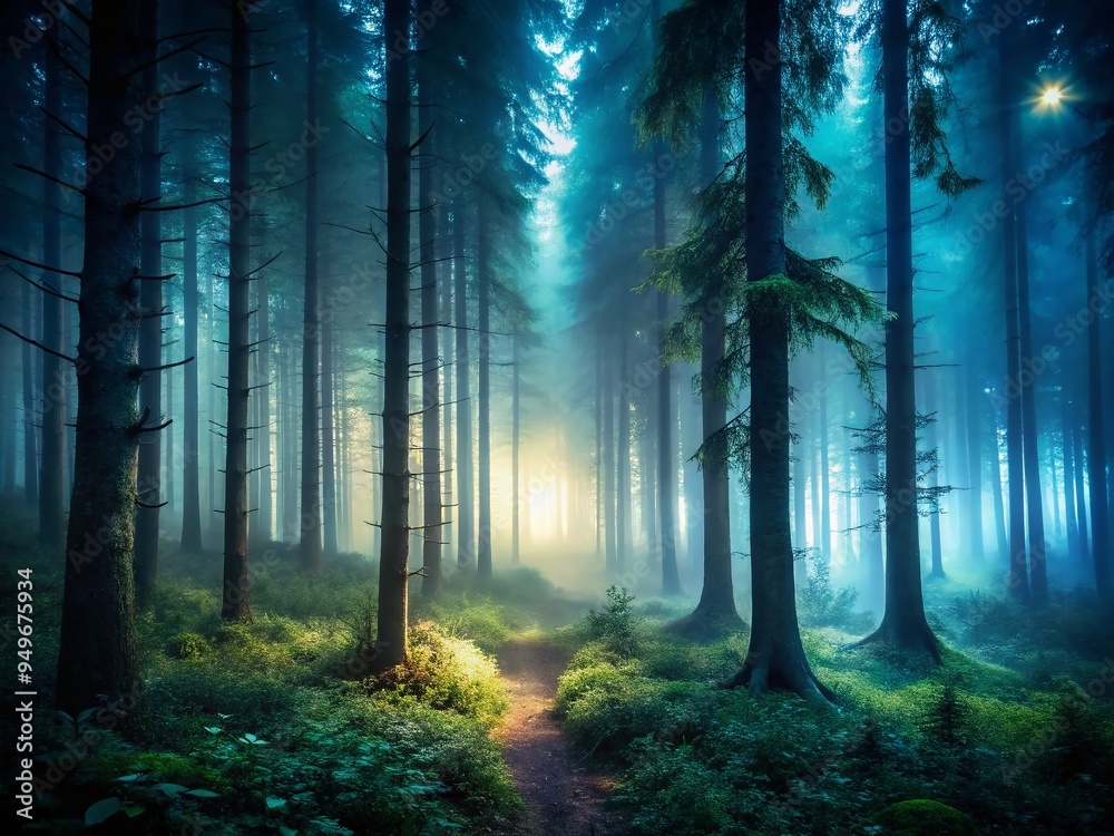 Naklejka premium moody dark misty forest hello ethereal fog mysterious atmosphere low key lighting subtle color palette eerie mystical enchanting mystical