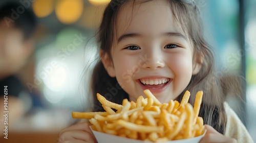 close up happy asian girl eat french fries and enjoy it a lot  unhealthy food makes people happy conflicts : Generative AI photo