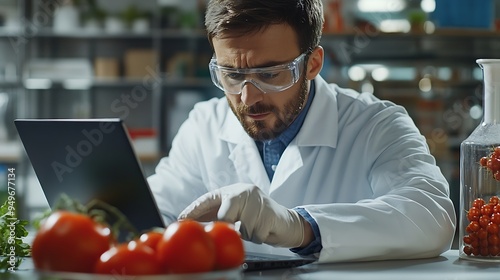 Male Scientist Working on a Laptop Computer and Picking up a HalfCut LabGrown Tomato in a Dish Microbiologist Working on Molecule Samples in Modern Laboratory with Technological Equipm : Generative AI photo