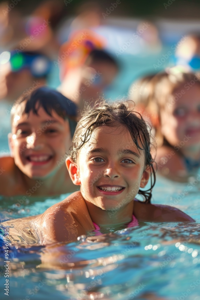 Obraz premium Children Learning to Swim in a Lively Community Pool Setting