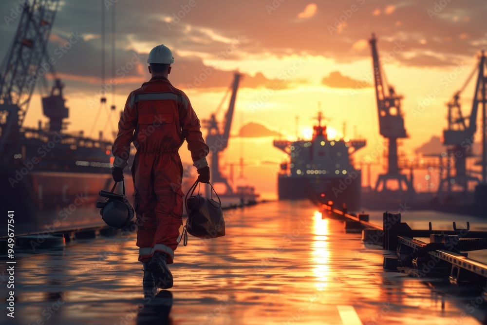 Fototapeta premium A Dock Worker Walking Away from a Cargo Ship at Sunset