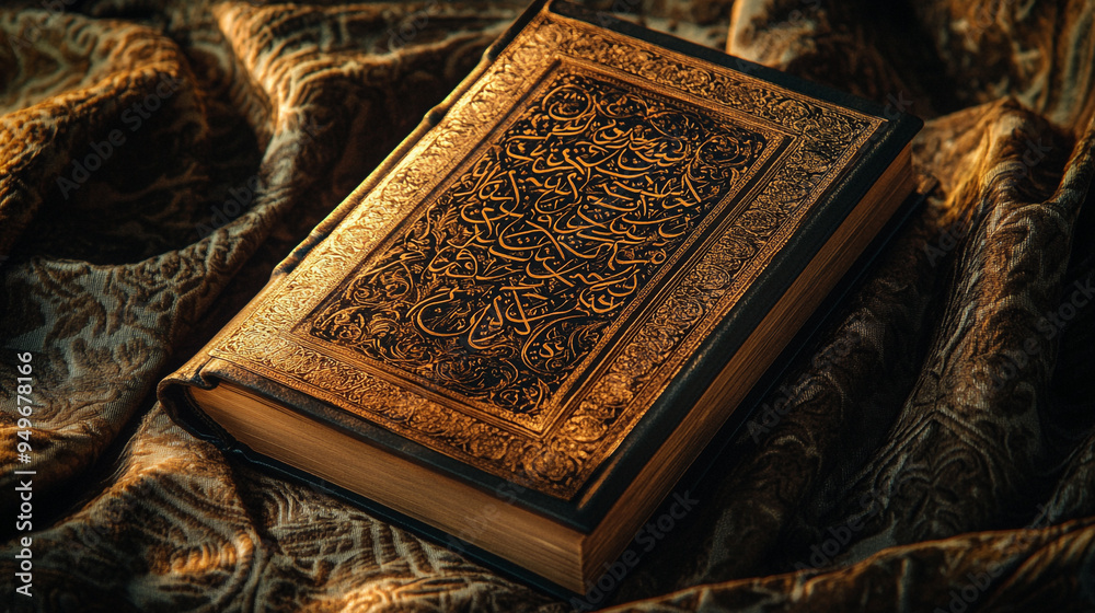 Fototapeta premium An intricately designed book resting on a textured fabric surface, showcasing ornate golden calligraphy and rich details
