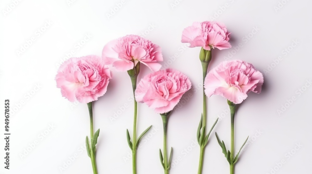 Five Pink Carnations on White Background Five Pink Carnations on White Background