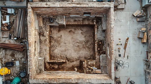 Bird's-eye view of a construction site with layers of sand being spread evenly, drone photography style, natural light, realistic, intricate details