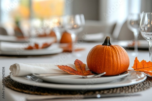 Pumpkin, Autumn Leaves, and White Plates on a Table