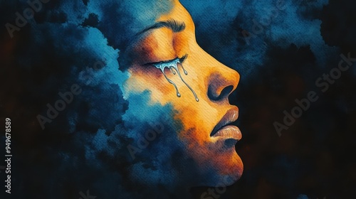 A poignant illustration of womans face with tear, surrounded by dark clouds, evokes deep emotions.