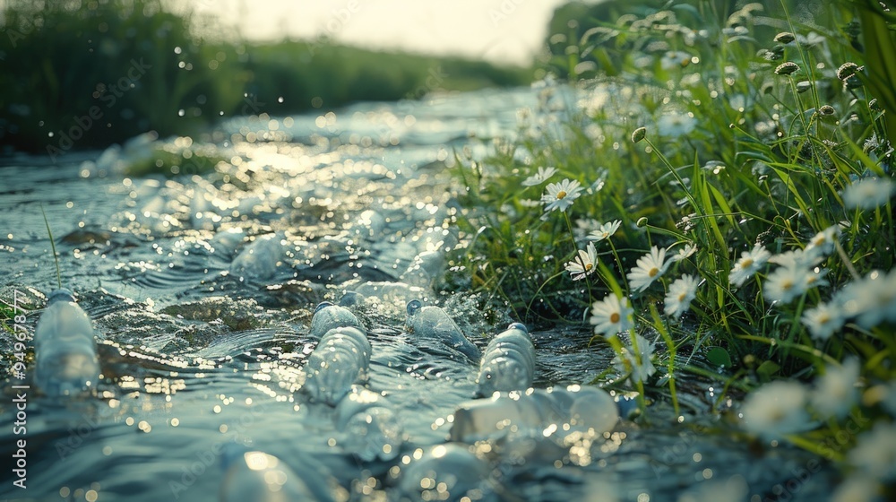 Fototapeta premium A close-up of a river filled with plastic bottles, highlighting the issue of pollution.