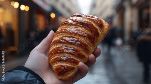 an hand holding a Pain au Chocolat in the streets of Paris  french patries : Generative AI photo