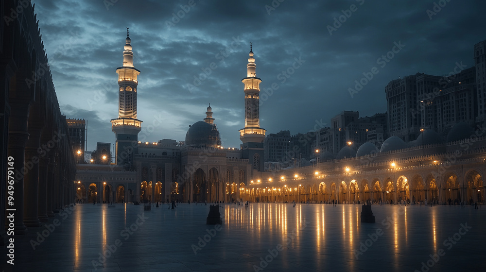 Naklejka premium Magnificent view of illuminated mosque towers during dusk in a bustling cityscape