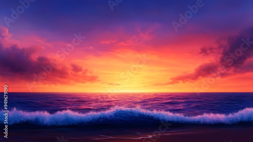 Quiet beach at sunset, sky ablaze with vibrant colors, gentle waves, soft oil brushstrokes, serene atmosphere, hand-painted scene