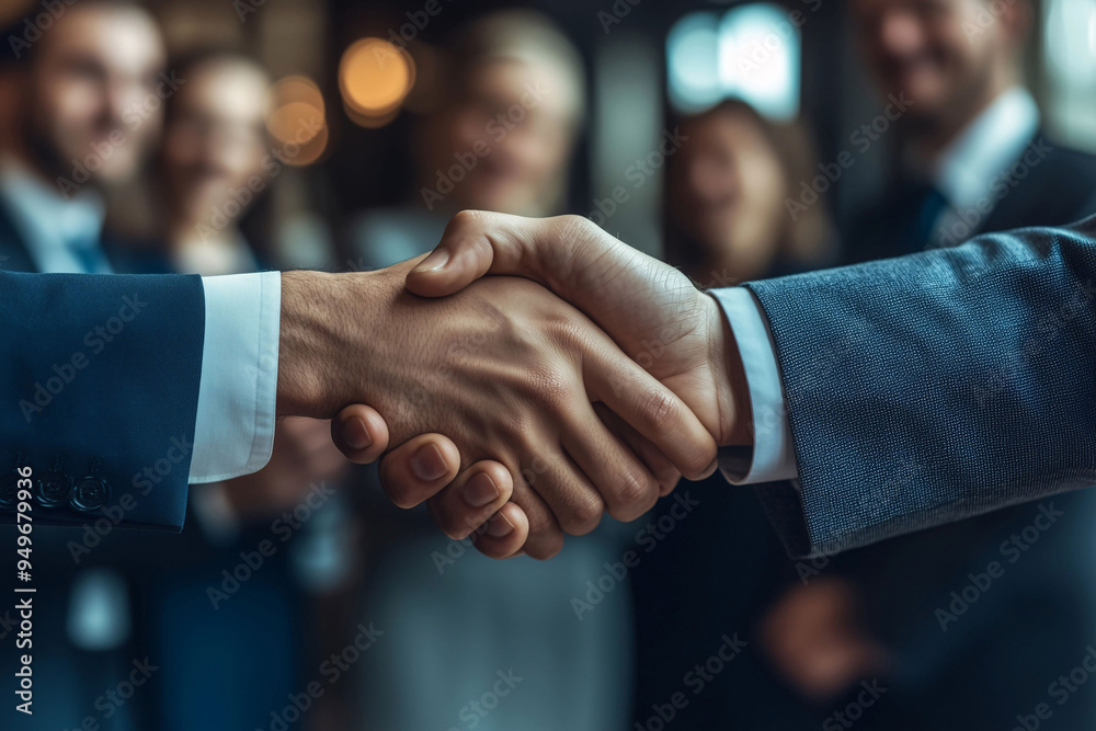 Businessmen Shaking Hands in a Professional Setting with Colleagues Applauding in the Background, Captured with Natural Lighting and Low Angle for a Dynamic Corporate Scene Businessmen Shaking Hands in a Professional Setting with Colleagues Applauding in the Background, Captured with Natural Lighting and Low Angle for a Dynamic Corporate Scene
