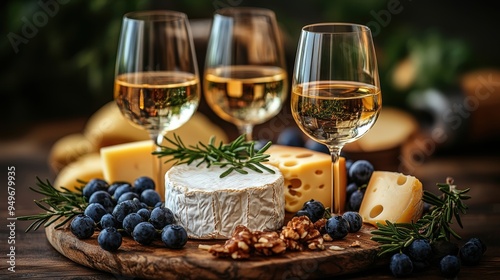 Elegant Cheese Platter with Wine Glasses, Blueberries, and Walnuts on Rustic Wooden Table - Gourmet Food and Wine Pairing