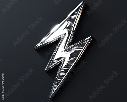 3D lightning bolt logo with a chrome metal texture, starkly visible on a black backdrop, ultra high resolution. photo