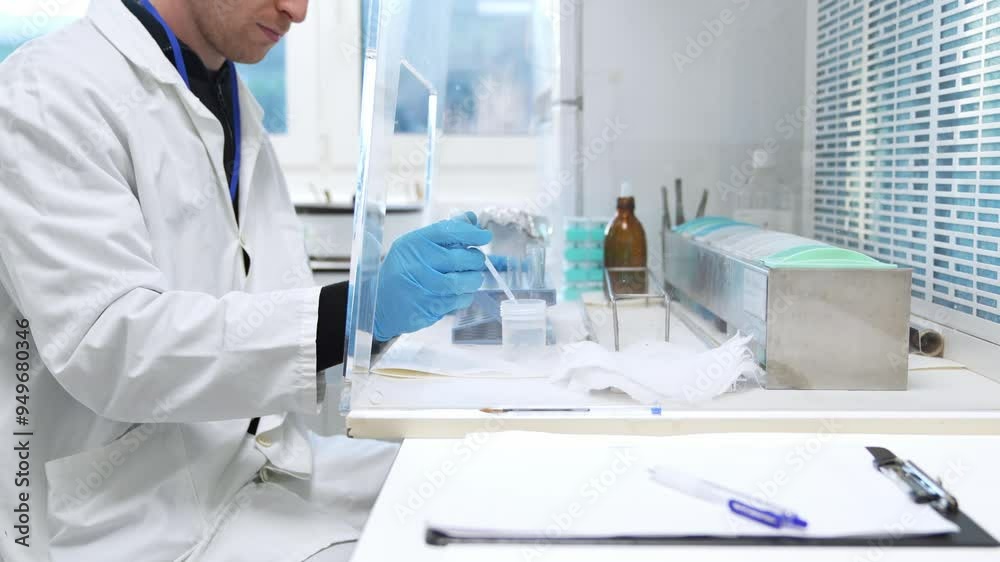 Unrecognizable clinical lab expert uses a pipette with precision in a test tube rack for scientific analysis in a hospital laboratory. Unrecognizable clinical lab expert uses a pipette with precision in a test tube rack for scientific analysis in a hospital laboratory.