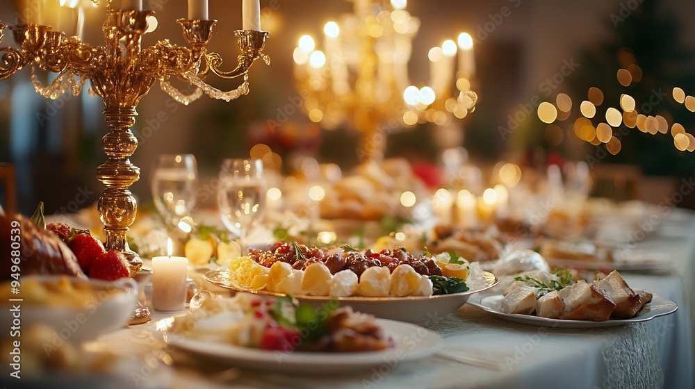 Luxurious banquet table with an array of gourmet dishes fine china and glowing candelabra : Generative AI Luxurious banquet table with an array of gourmet dishes fine china and glowing candelabra : Generative AI