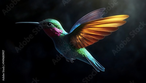 Colorful 3D hummingbird in flight with a dark, artistic background. Vector illustration with crisp details and ultra HD quality. Full ultra HD photo